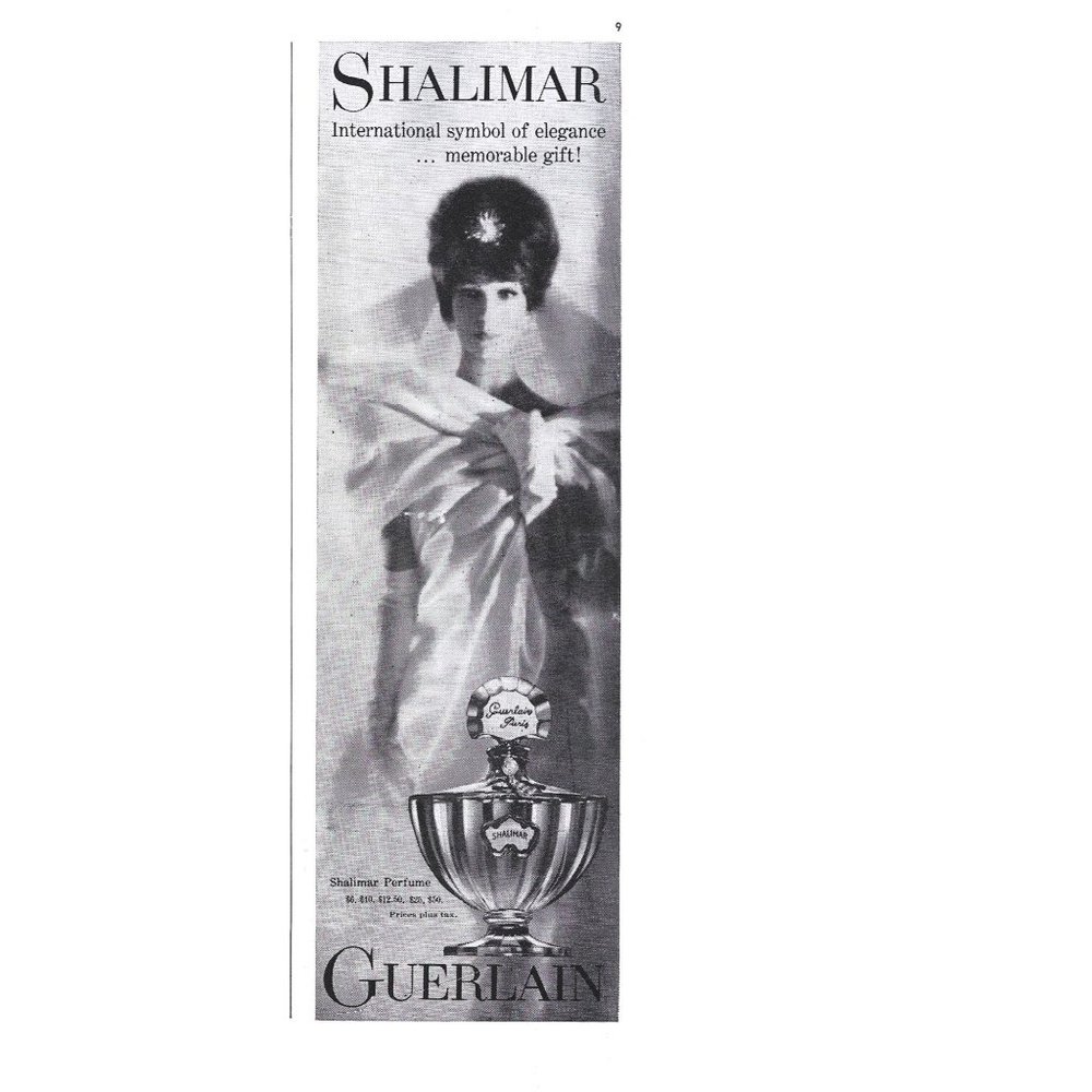 Shalimar Perfume Guerlain Paris 1960s Vintage Print Ad 9 x 3 inch Tall